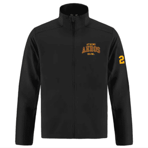Black zip-up jacket featuring "Athens Aeros" logo and the number "2" on the sleeve, designed for team apparel and sportswear enthusiasts.