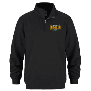 Black quarter-zip pullover sweatshirt featuring the Westport Rideaus hockey team logo, ideal for fans and casual wear.