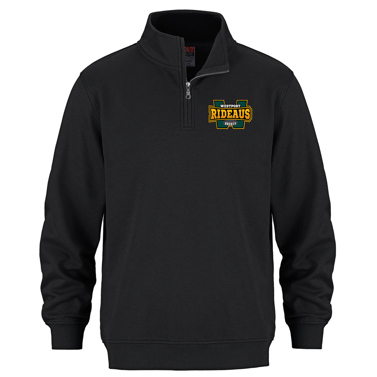 wesport_rideuas_quarter_zip_sweatshirt_black Black quarter-zip pullover sweatshirt featuring the Westport Rideaus hockey team logo, ideal for fans and casual wear.