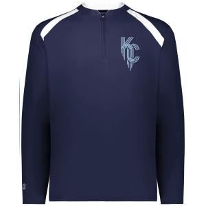 Navy blue long-sleeve pullover featuring a quarter-zip design and a light blue "KC" logo on the chest, ideal for sports fans and casual wear.
