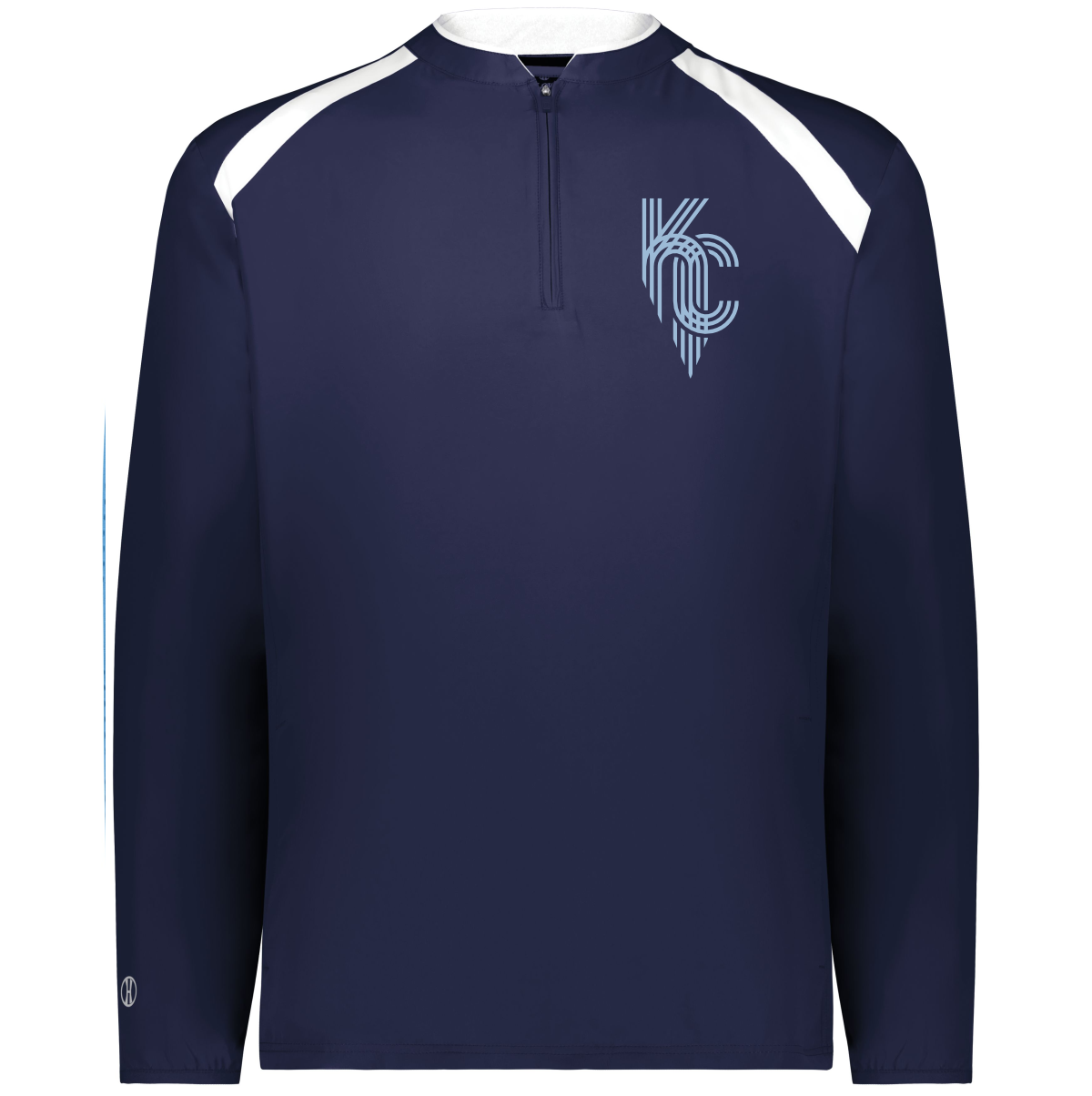 colts_clubhouse_pullover_navy Navy blue long-sleeve pullover featuring a quarter-zip design and a light blue "KC" logo on the chest, ideal for sports fans and casual wear.