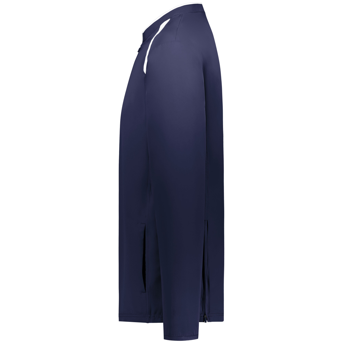 colts_clubhouse_pullover_navy_side Navy blue athletic jacket featuring a zippered front and side slits for increased ventilation and comfort, designed for active wear and outdoor activities.