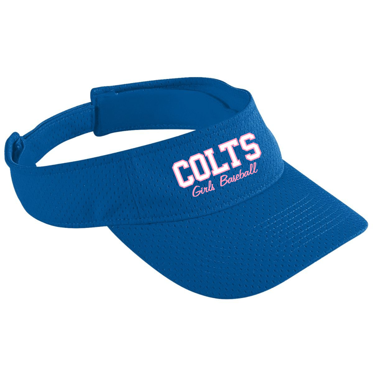 Blue visor cap featuring "COLTS Girls Baseball" logo, ideal for sports enthusiasts and team events. Designed for comfort and sun protection during outdoor activities.