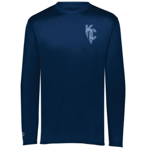 Navy long-sleeve shirt featuring a stylish KC logo on the chest, ideal for casual wear or outdoor activities. Made from comfortable, breathable fabric for all-day wear. Perfect for fans of Kansas City.