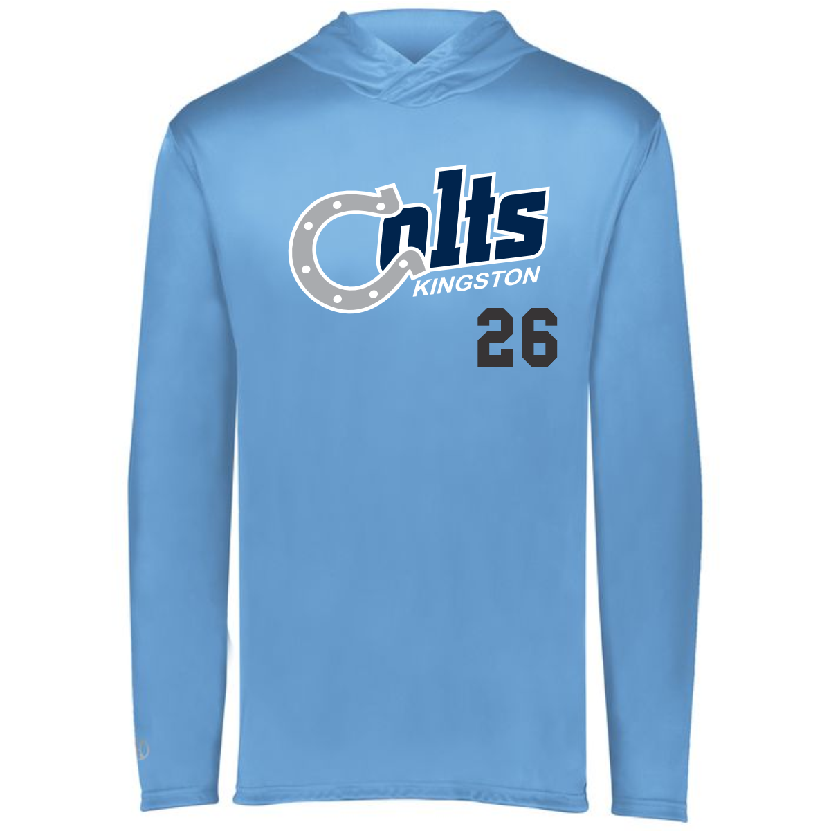 Light blue long-sleeve hoodie featuring the "Colts Kingston" logo and the number 26, ideal for sports fans and casual wear.