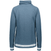 kba_funnel_neck_pullover_storm_heather_back Back view of a stylish blue sweatshirt with a high collar and white striped hem, ideal for casual wear and comfortable layering.