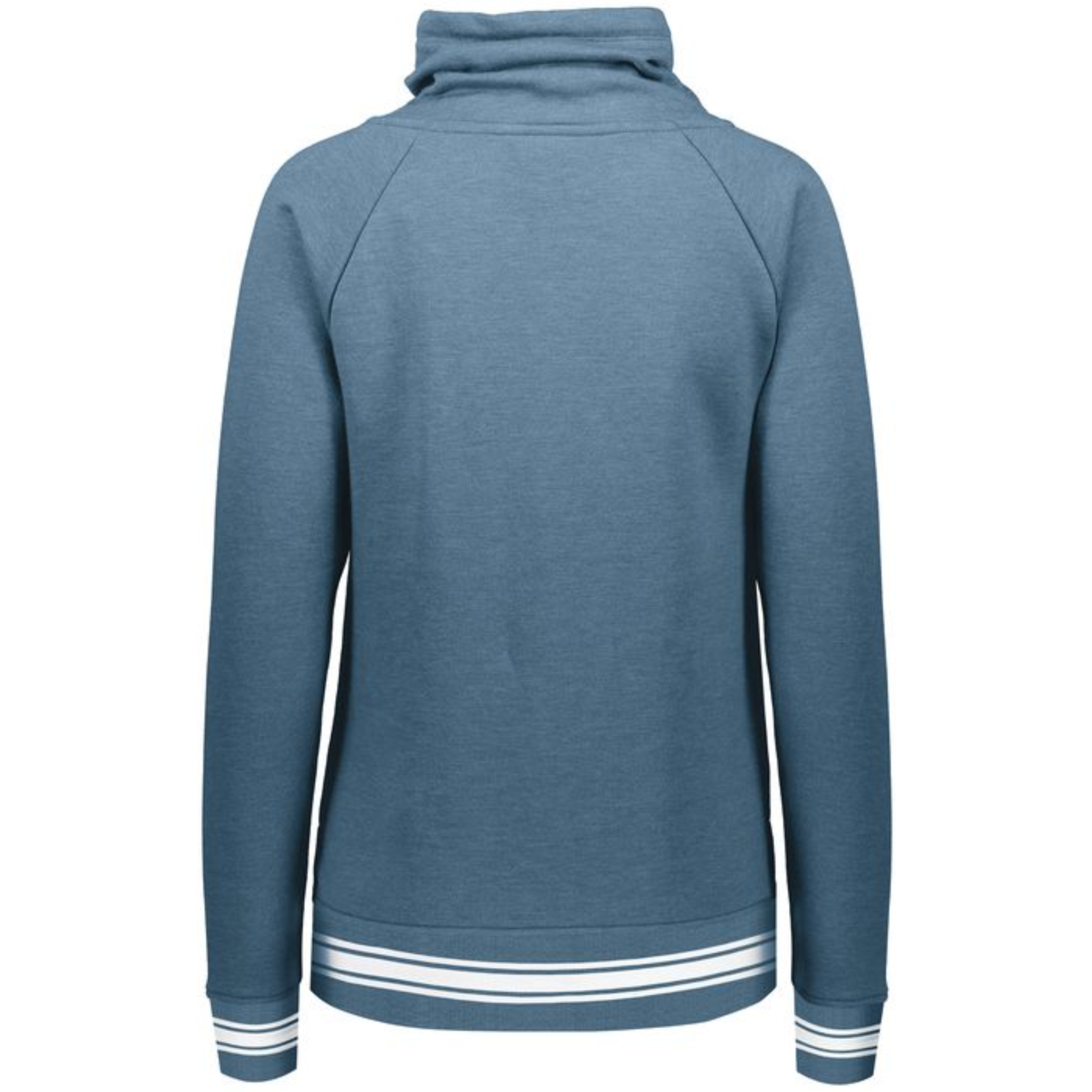 Back view of a stylish blue sweatshirt with a high collar and white striped hem, ideal for casual wear and comfortable layering.
