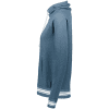 kba_funnel_neck_pullover_storm_heather_side Side view of a blue women's hoodie featuring a high collar, drawstring, and white striped cuffs, ideal for casual wear and layering in cooler weather.