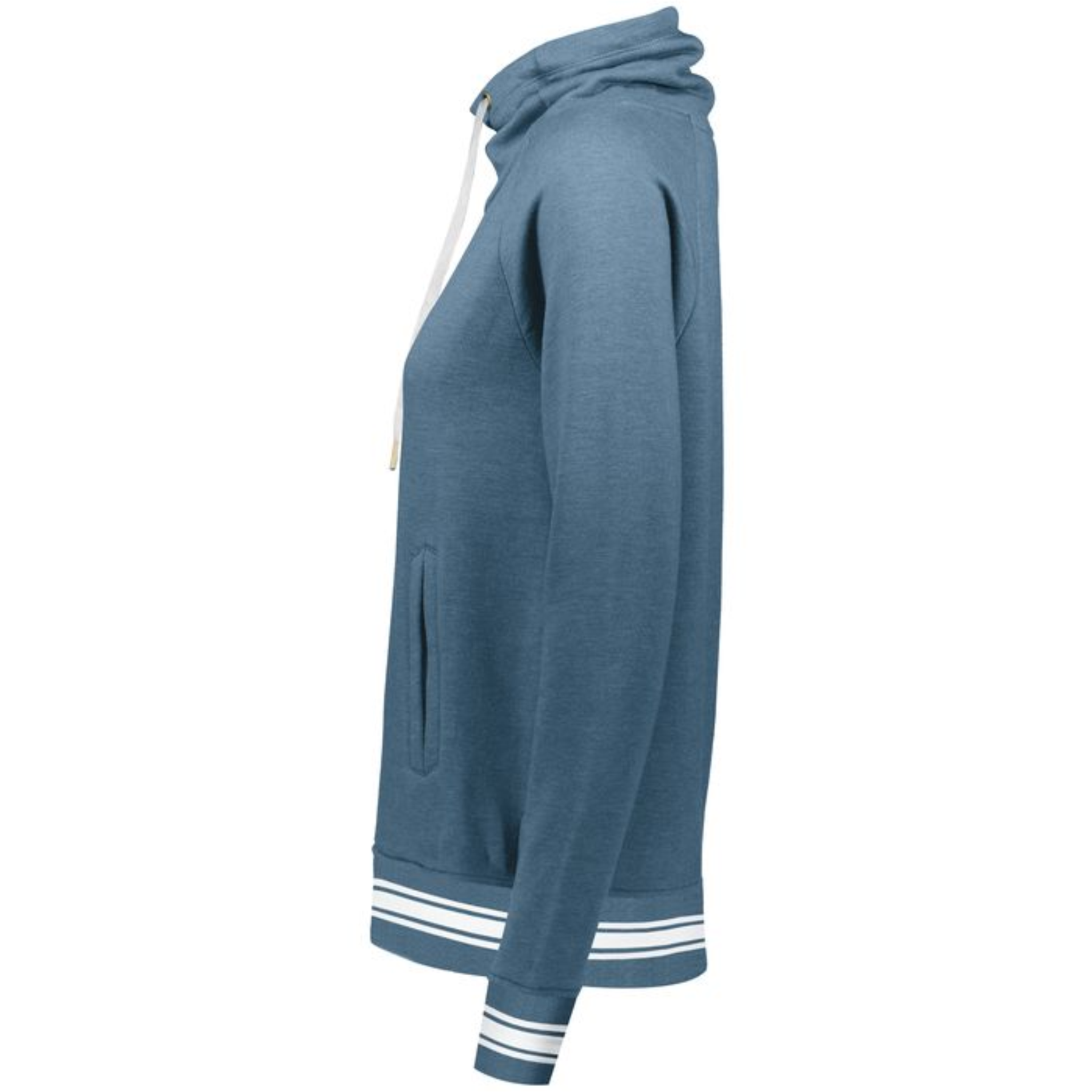 Side view of a blue women's hoodie featuring a high collar, drawstring, and white striped cuffs, ideal for casual wear and layering in cooler weather.