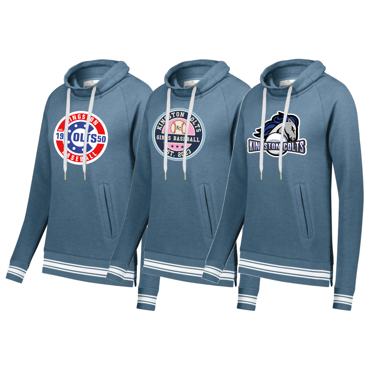 Three stylish blue hoodies featuring Kingston Colts baseball designs. The left hoodie showcases a vintage logo established in 1950, the middle hoodie highlights a girls' baseball emblem from 2013, and the right hoodie displays a modern Kingston Colts logo. Perfect for fans and athletes alike.