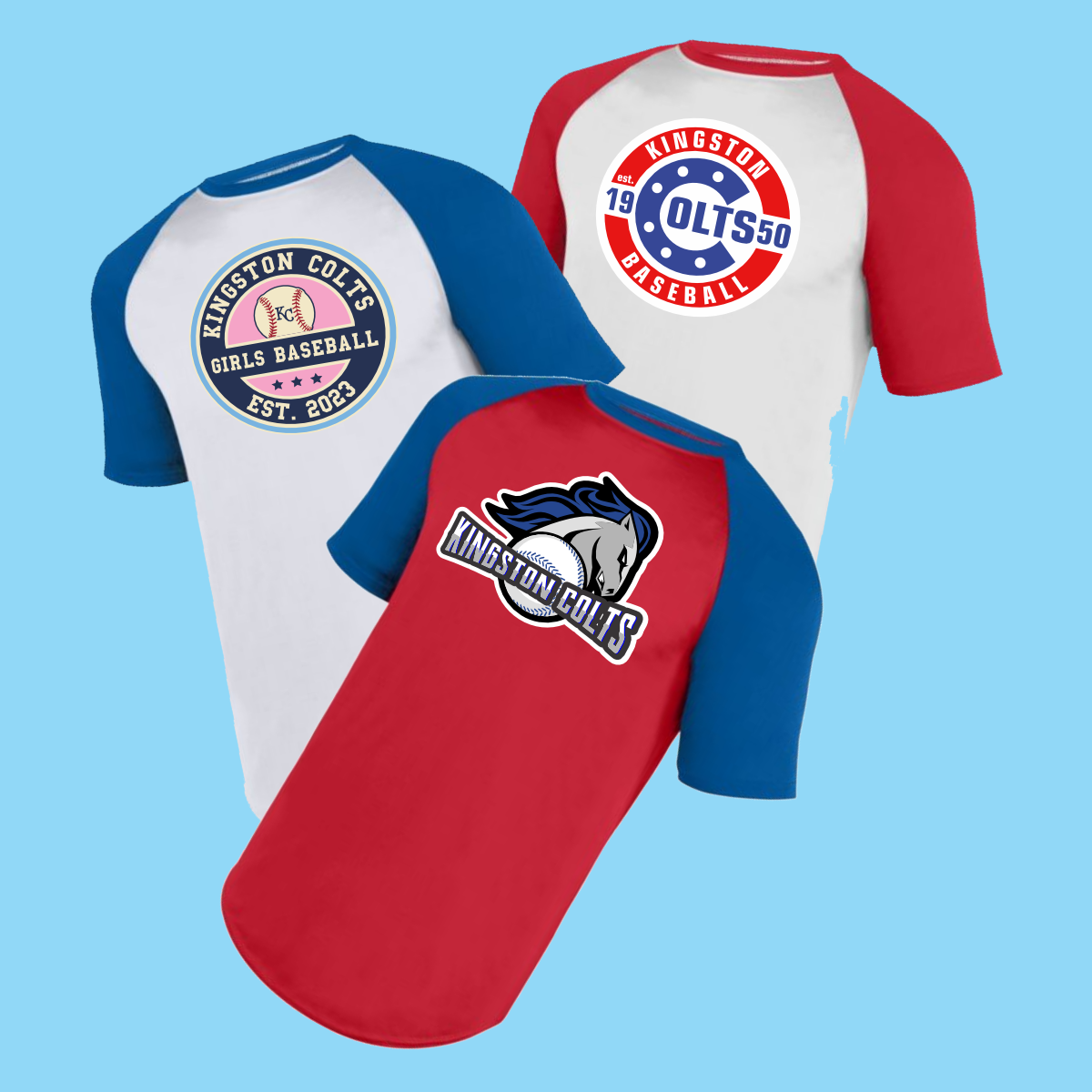 Three stylish baseball t-shirts featuring the Kingston Colts logo, designed for girls' baseball, with a mix of red and blue colors. The shirts highlight the Kingston Colts branding and celebrate the team's establishment in 2023.