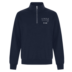 Navy blue quarter-zip sweatshirt featuring the Loyola University logo and the text "Learning for Life" along with "PSW" on the front. Ideal for casual wear or university events, combining comfort and style.