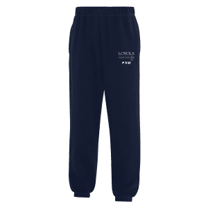 Navy blue sweatpants featuring the "Loyola" logo and "PSW" text, designed for comfort and athletic wear. Ideal for casual outings or workouts.