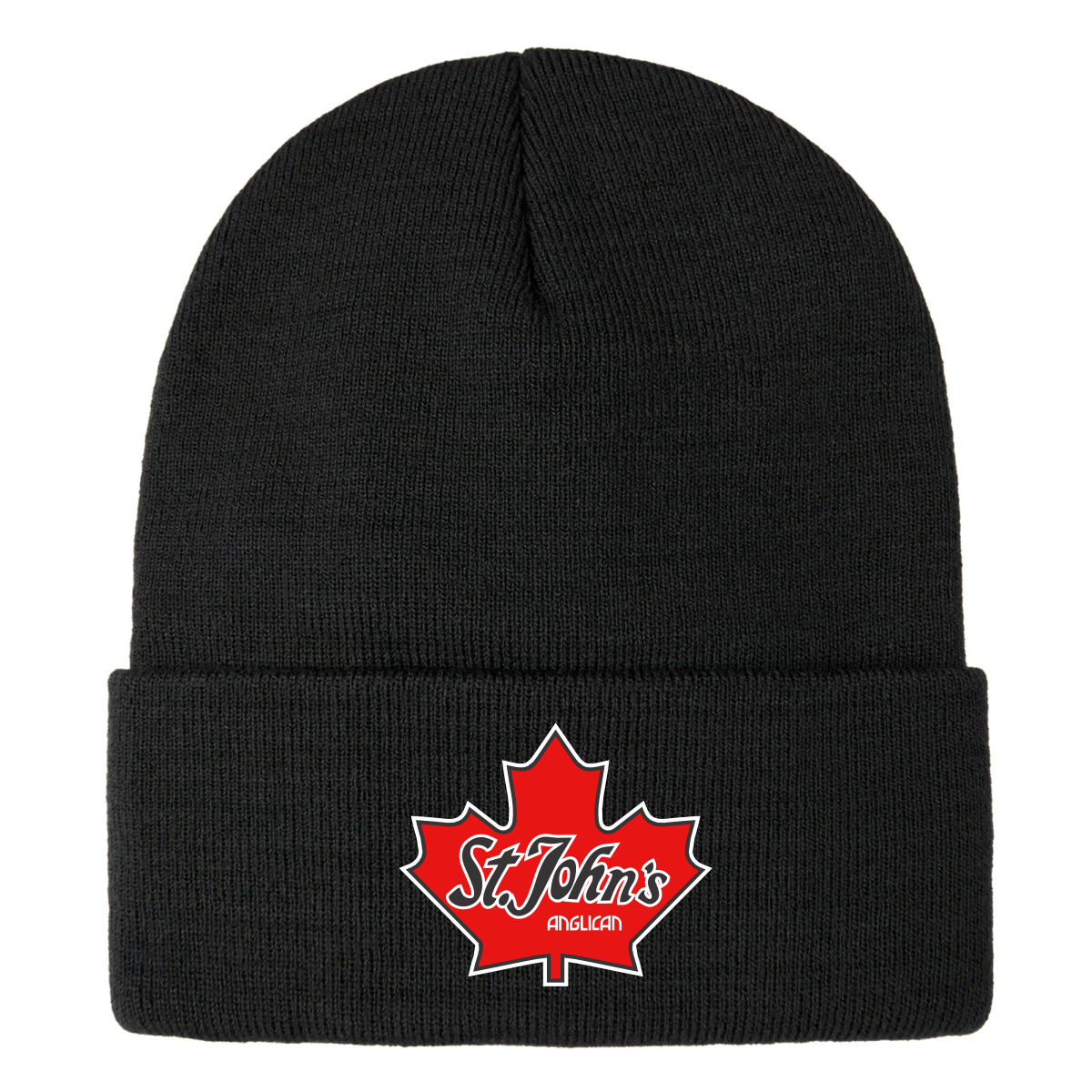 Black knit beanie featuring a red maple leaf design with "St. John's Anglican" text, perfect for winter wear and showcasing Canadian pride.