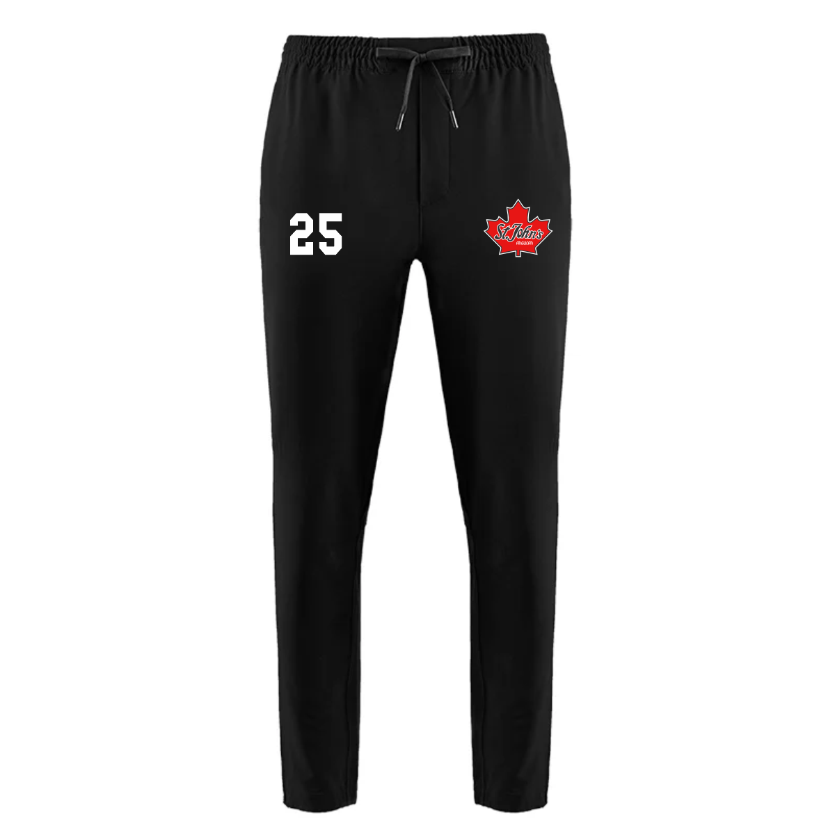 Black sweatpants featuring the number 25 and a red maple leaf logo, ideal for casual wear and sports activities.