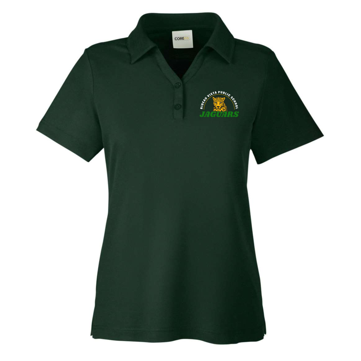 Dark green polo shirt featuring the logo of Middle Vista Public School Jaguars, designed for school spirit and casual wear.