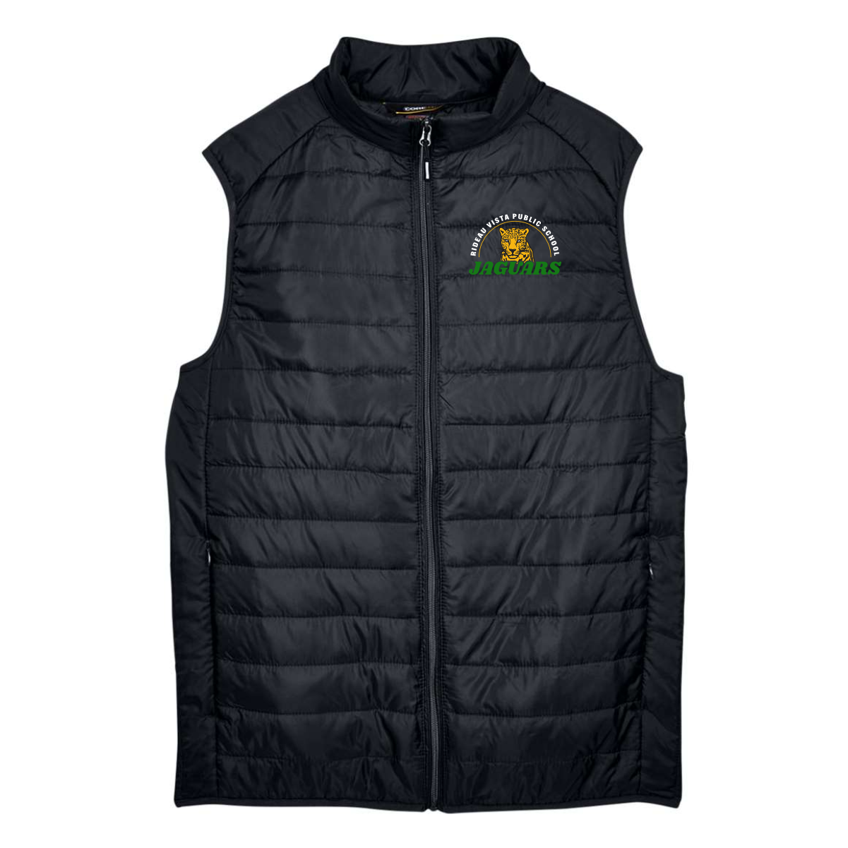 Black puffer vest featuring the logo of Highland Vista Public School Jaguars, ideal for school spirit and outdoor activities.