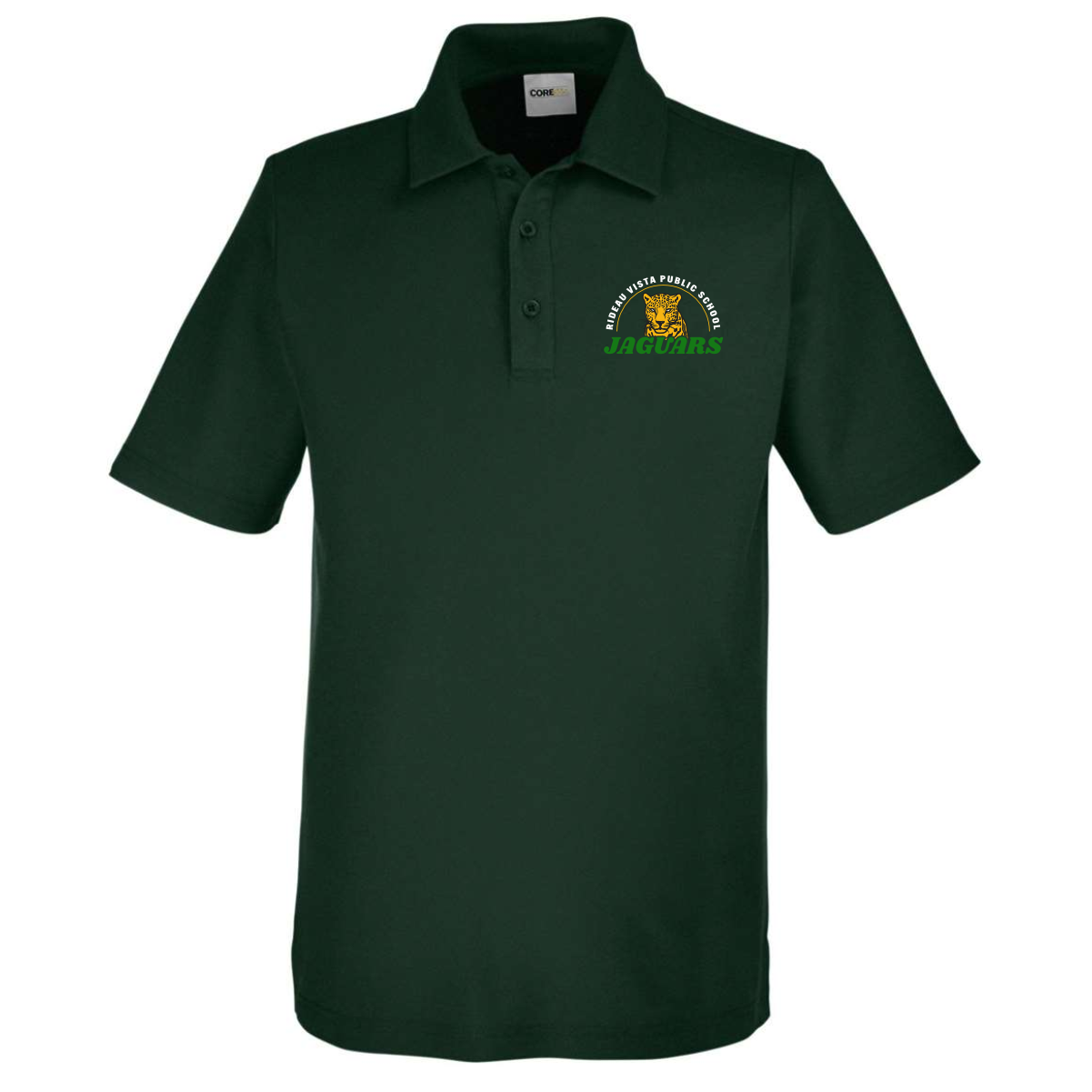 Dark green polo shirt featuring the logo of the Mountain Vista Public School Jaguars, suitable for school events and casual wear.