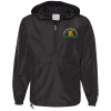 rideau_vista_Packable_ Anorak_ 1_4_ Zip_ Jacket Black windbreaker jacket featuring the Ridge Vista Public School Jaguars logo, ideal for school events and outdoor activities. The jacket has a hood and a quarter-zip design for easy wear.