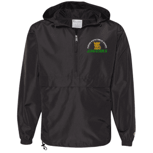 Black windbreaker jacket featuring the Ridge Vista Public School Jaguars logo, ideal for school events and outdoor activities. The jacket has a hood and a quarter-zip design for easy wear.