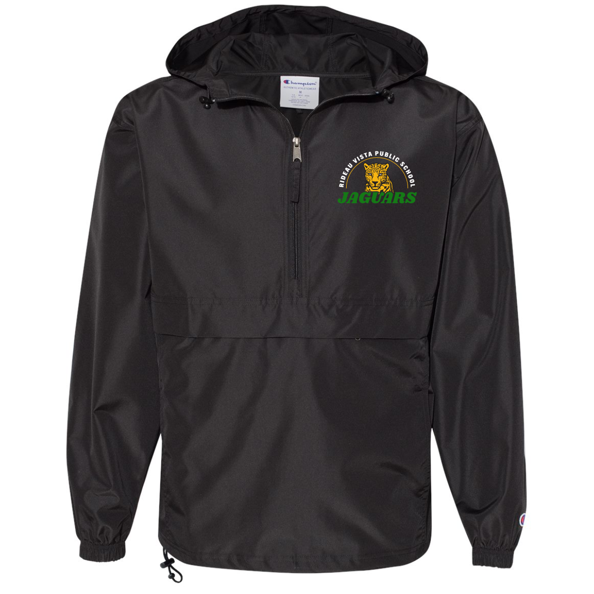 Black windbreaker jacket featuring the Ridge Vista Public School Jaguars logo, ideal for school events and outdoor activities. The jacket has a hood and a quarter-zip design for easy wear.