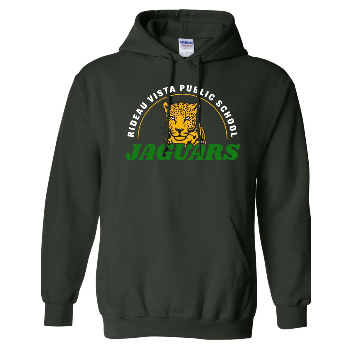 rideau_vista_hoodie_adult_forest' Dark green hoodie featuring the Rideau Vista Public School Jaguars logo, showcasing a jaguar graphic with bold text. Ideal for school spirit and casual wear.