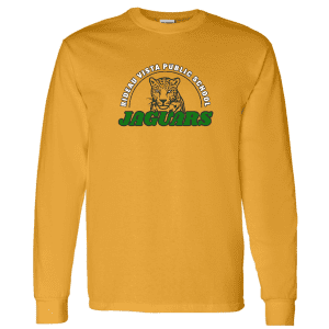 Long-sleeve yellow t-shirt featuring the Rideau Vista Public School logo and "Jaguars" text, designed for school spirit and team pride.