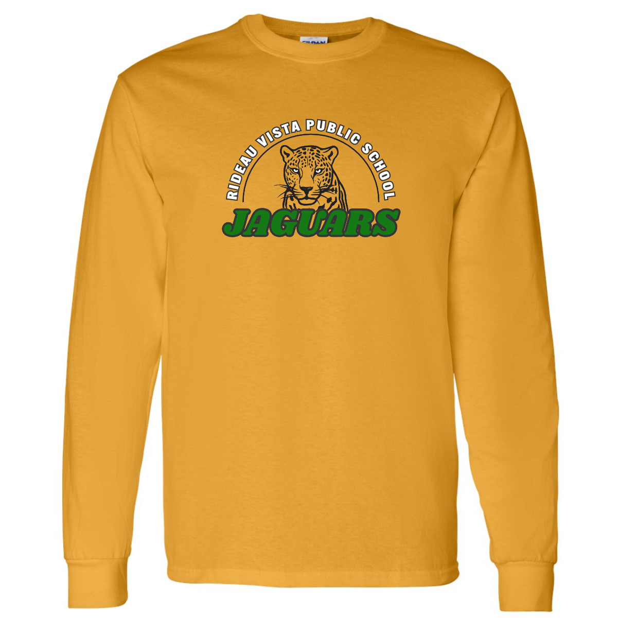 rideau_vista_long_sleeve_tshirt_gold Long-sleeve yellow t-shirt featuring the Rideau Vista Public School logo and "Jaguars" text, designed for school spirit and team pride.