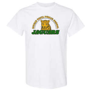 White t-shirt featuring the logo of Rideau Vista Public School with a jaguar graphic and the word "JAGUARS" in green, ideal for school spirit and team pride.