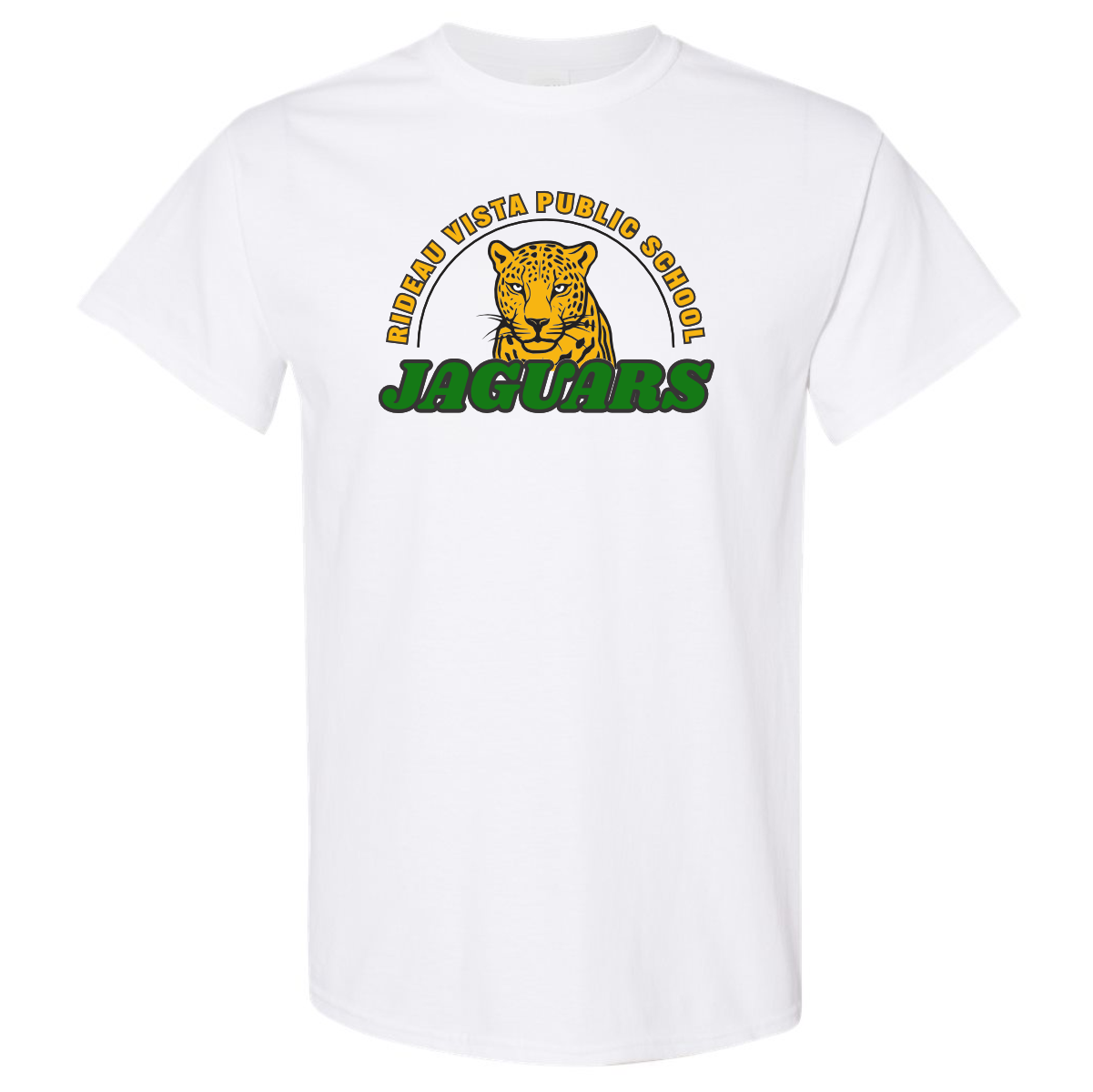 White t-shirt featuring the logo of Rideau Vista Public School with a jaguar graphic and the word "JAGUARS" in green, ideal for school spirit and team pride.