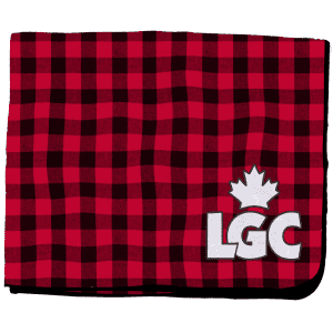 Red and black plaid blanket featuring a white logo with a maple leaf and the letters "LGC" on the bottom right corner, perfect for cozying up or outdoor activities.