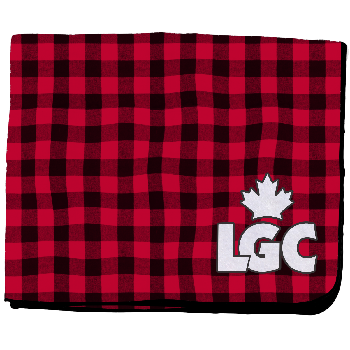 lgc_red_black_buffalo_plaid_blanket Red and black plaid blanket featuring a white logo with a maple leaf and the letters "LGC" on the bottom right corner, perfect for cozying up or outdoor activities.