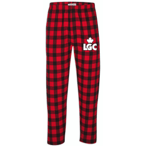 Red and black plaid pajama pants featuring a white LGC logo and maple leaf design, ideal for cozy lounging or casual wear.