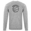 pete_petersen_25_26_long_sleeve_tshirt_back Gray long-sleeve t-shirt featuring the word "RESPECT" and a basketball graphic on the back, ideal for sports enthusiasts and casual wear.