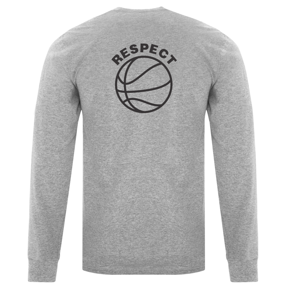 Gray long-sleeve t-shirt featuring the word "RESPECT" and a basketball graphic on the back, ideal for sports enthusiasts and casual wear.