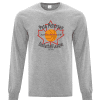pete_petersen_25_26_long_sleeve_tshirt_front Long sleeve gray t-shirt featuring the logo of the Pete Petersen Basketball League, established in 1955, with a basketball graphic and the slogan "Just For The Fun of It." Ideal for basketball enthusiasts and league supporters.