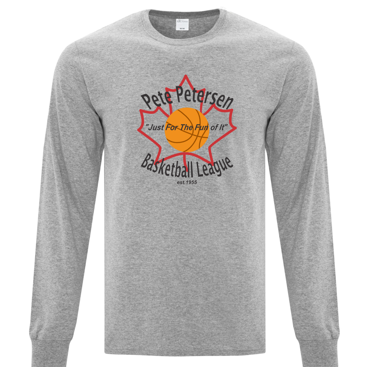 Long sleeve gray t-shirt featuring the logo of the Pete Petersen Basketball League, established in 1955, with a basketball graphic and the slogan "Just For The Fun of It." Ideal for basketball enthusiasts and league supporters.