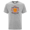 pete_petersen_25_26_tshirt_front_2 Gray t-shirt featuring the Pete Petersen Basketball League logo, established in 1955, with a basketball and the slogan "Just For The Fun of It." Ideal for basketball enthusiasts and league supporters.