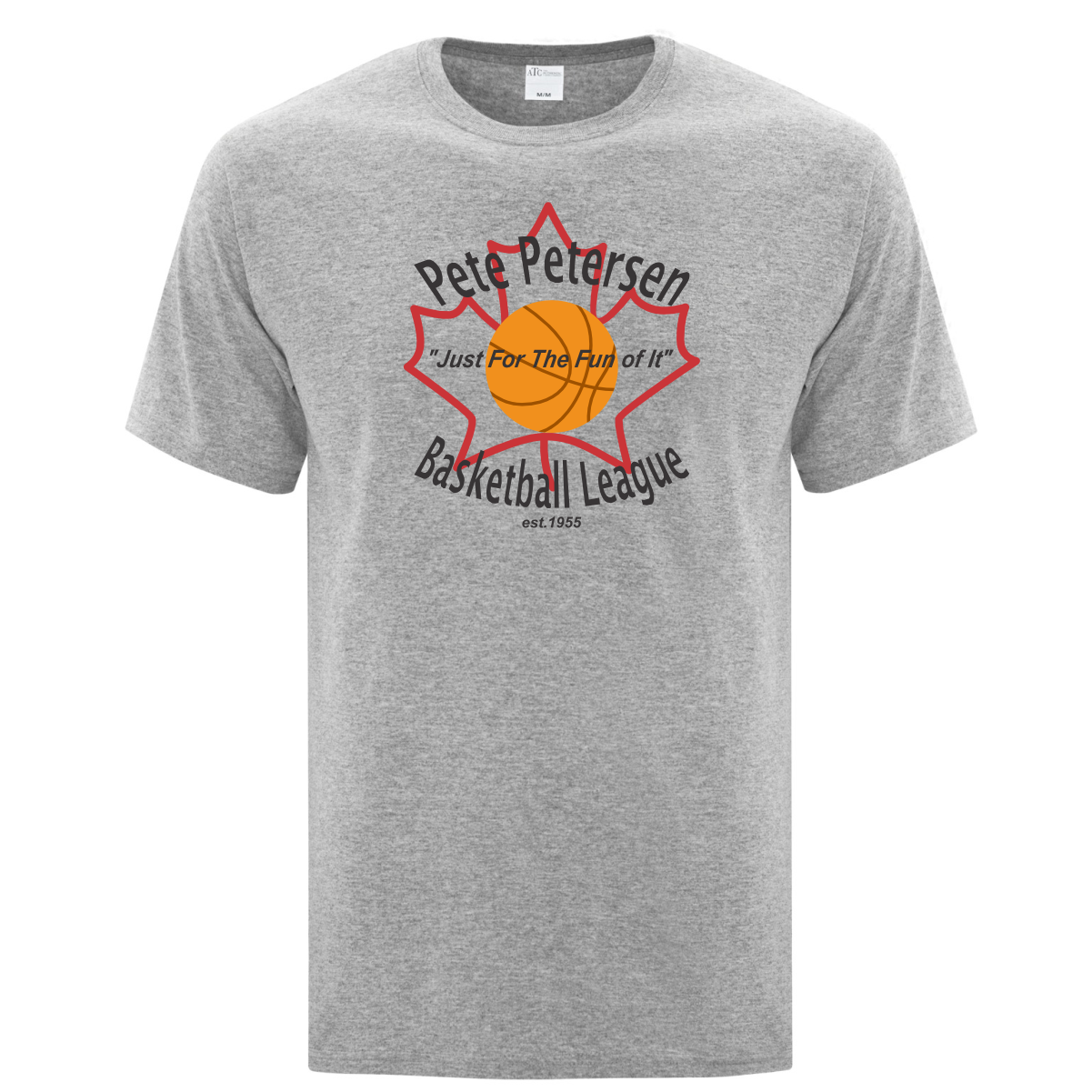 Gray t-shirt featuring the Pete Petersen Basketball League logo, established in 1955, with a basketball and the slogan "Just For The Fun of It." Ideal for basketball enthusiasts and league supporters.
