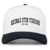 hockey_hits_cancer_Heritage-5-Panel-Snapback-Cap_white_navy_front White and navy baseball cap featuring the phrase "Hockey HITS Cancer" and the establishment year "EST. 2015," promoting cancer awareness through hockey-themed merchandise.