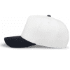 hockey_hits_cancer_Heritage-5-Panel-Snapback-Cap_white_navy_side White and navy blue baseball cap displayed from the side, featuring a structured design and a curved brim, ideal for casual wear and sun protection.