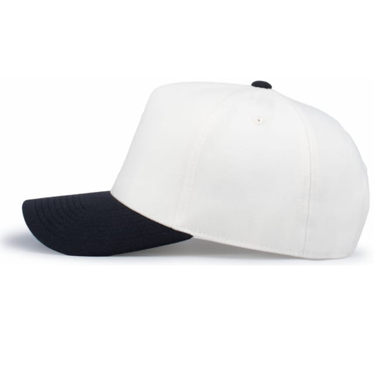 White and navy blue baseball cap displayed from the side, featuring a structured design and a curved brim, ideal for casual wear and sun protection.