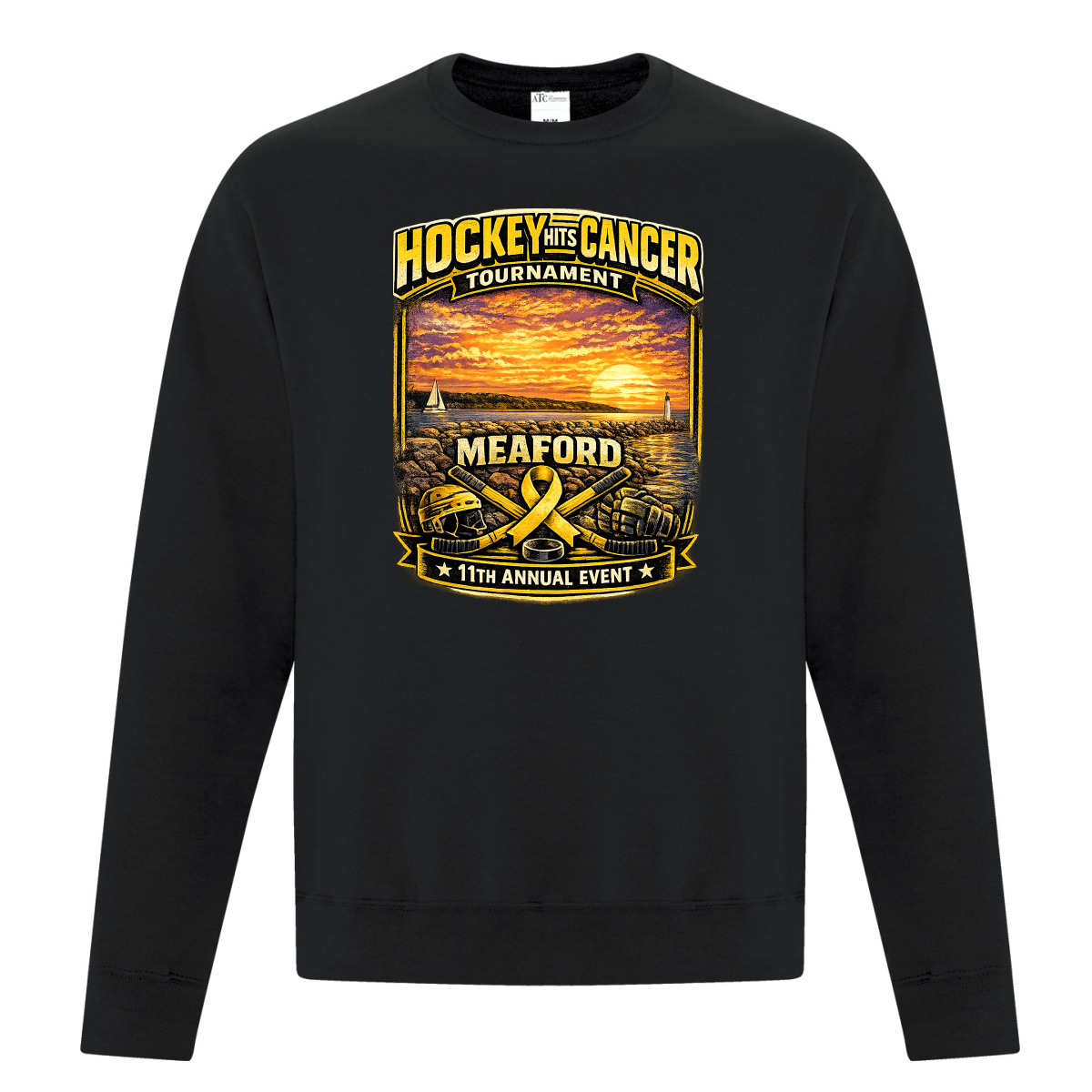 Black sweatshirt featuring a colorful graphic for the "Hockey Hits Cancer Tournament" in Meaford, celebrating its 11th annual event with a sunset background and hockey-themed elements.