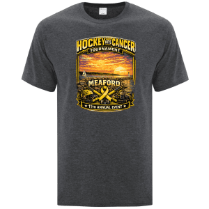 Gray t-shirt featuring the "Hockey Hits Cancer" tournament logo, depicting a sunset over a waterfront with hockey elements, celebrating the 11th annual event in Meaford.