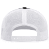 hockey_hits_cancer_trucker_ball_cap_back Back view of a white mesh trucker cap featuring a black top button and an adjustable plastic strap with the word "PACIFIC" embossed on it, ideal for casual wear and outdoor activities.