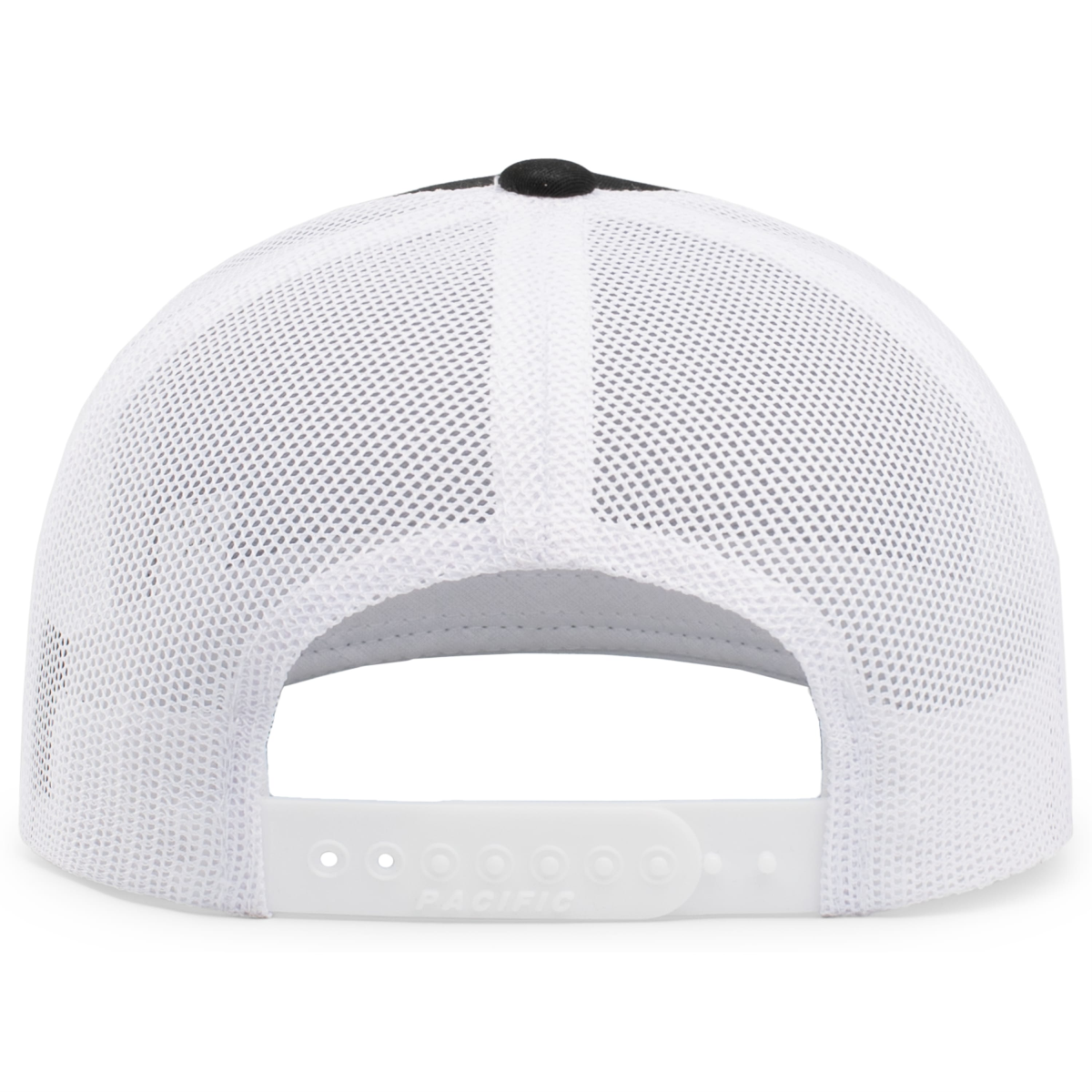 Back view of a white mesh trucker cap featuring a black top button and an adjustable plastic strap with the word "PACIFIC" embossed on it, ideal for casual wear and outdoor activities.