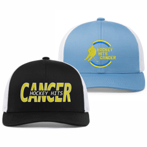 Two baseball caps featuring the phrase "Hockey Hits Cancer." The black cap displays "CANCER" prominently in yellow with "HOCKEY HITS" in a smaller font, while the blue cap has a logo with a hockey player silhouette and the same phrase in yellow. Ideal for raising awareness and support for cancer initiatives.