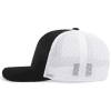 hockey_hits_cancer_trucker_ball_cap_side Black and white trucker hat featuring a solid black front panel and a breathable white mesh back, ideal for casual wear and outdoor activities.