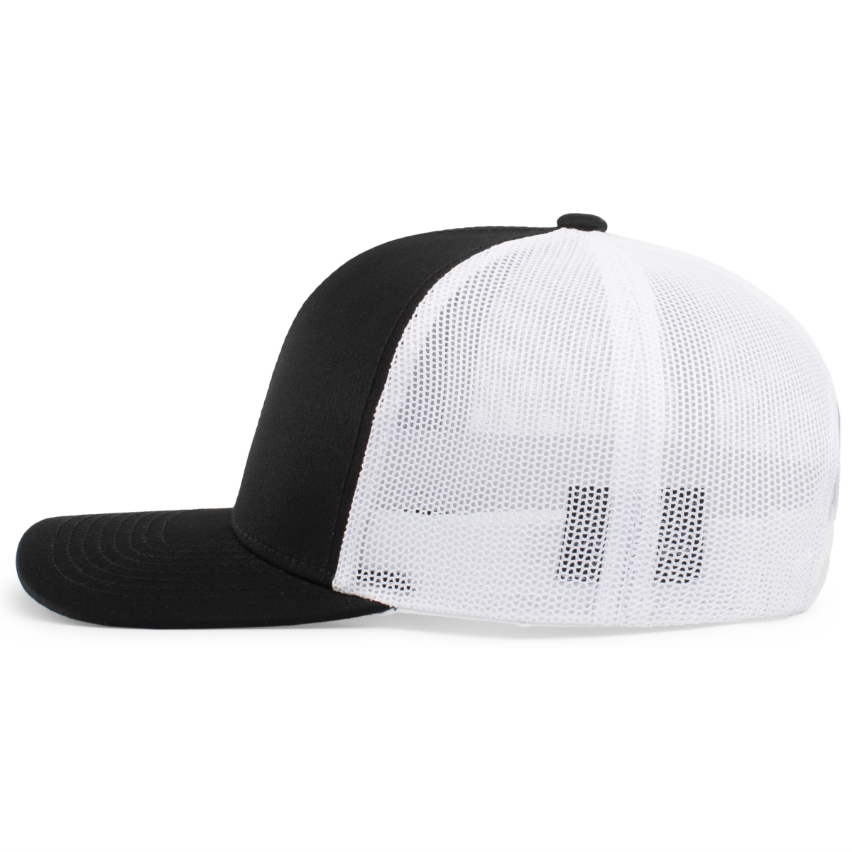 Black and white trucker hat featuring a solid black front panel and a breathable white mesh back, ideal for casual wear and outdoor activities.