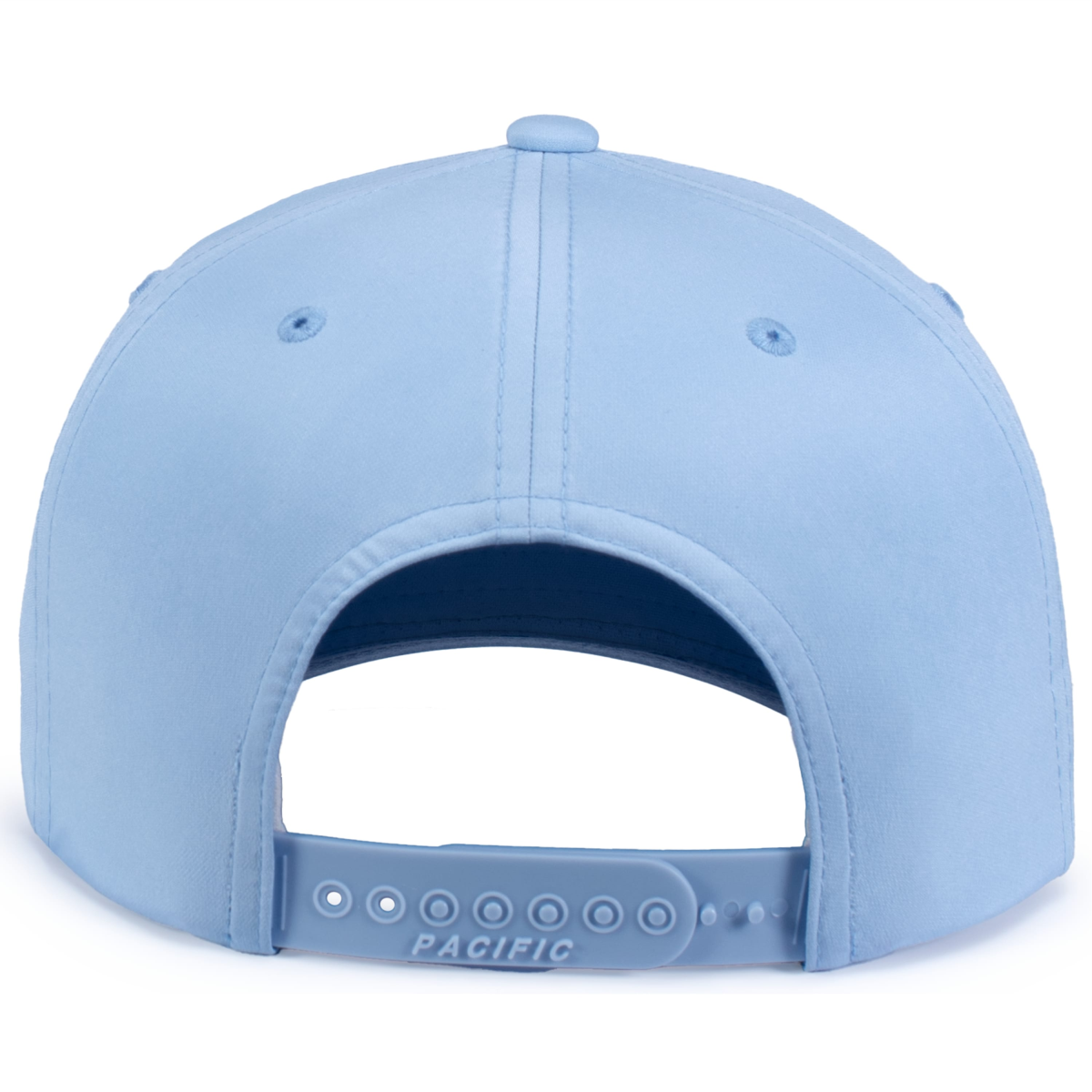 Light blue baseball cap with a snapback closure, featuring the word "PACIFIC" embossed on the adjustable strap. Ideal for casual wear and outdoor activities.